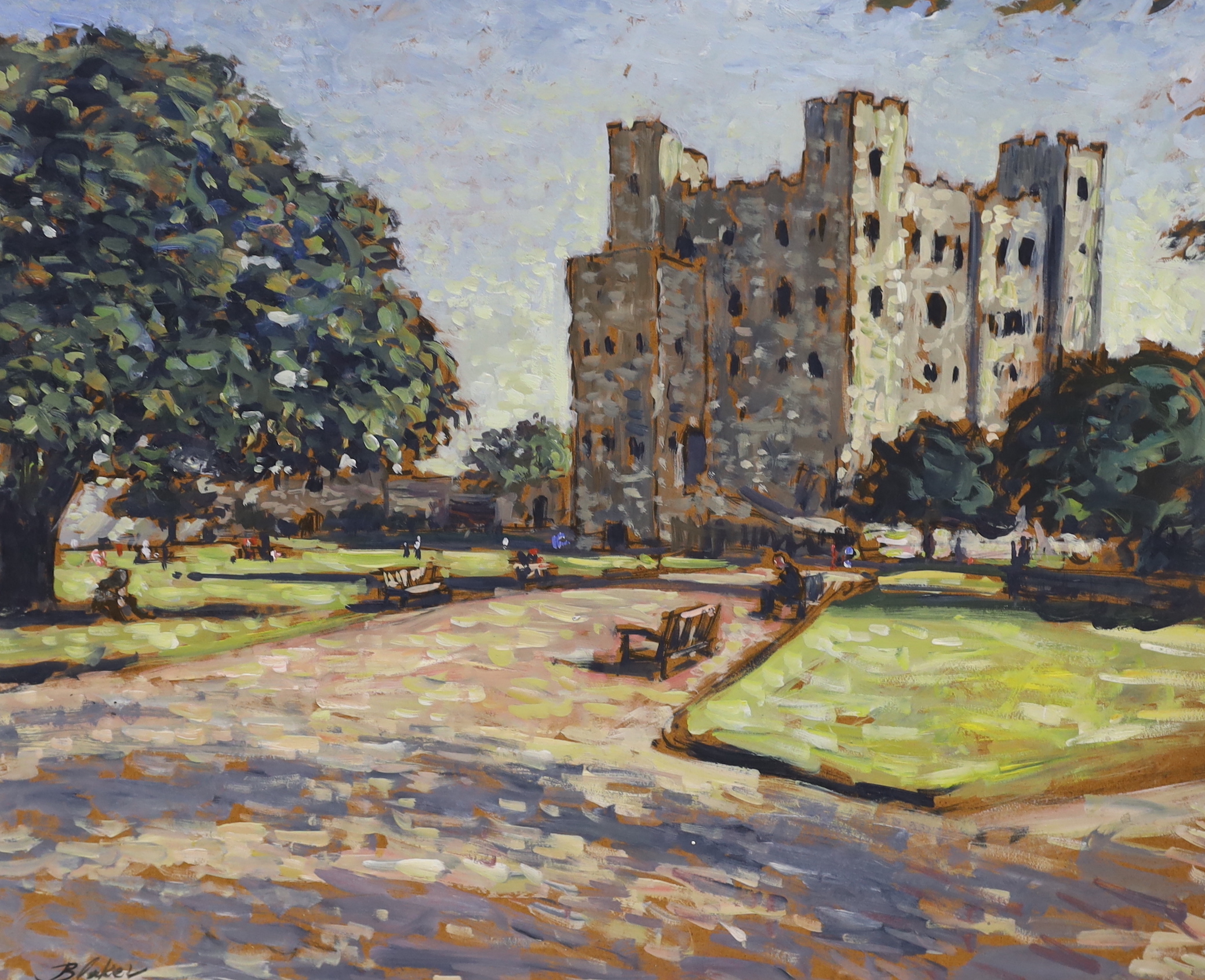 Michael John Blaker (1928-2018), two oils on board, ‘Rochester Castle’ and ‘Urban street scene’, signed, 51 x 61cm, unframed